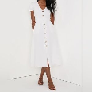 Lulu's Sicily Sweetheart White Button-front Puff Sleeve Midi Dress